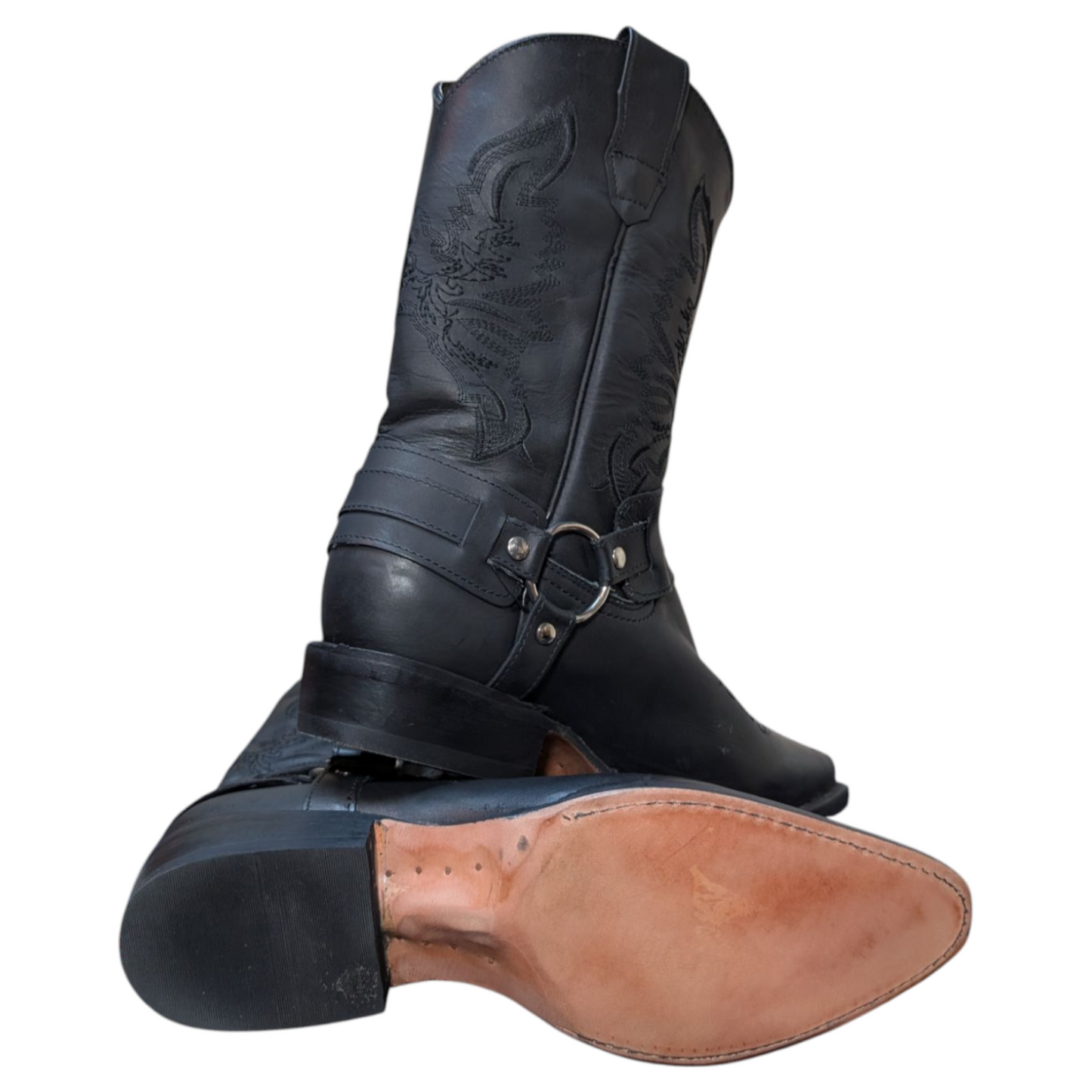 Unisex Cowboy Boots (0052) - Black Leather Boots w/ Buckled Shaft and Pointed Toe