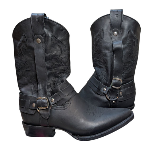Unisex Cowboy Boots (0052) - Black Leather Boots w/ Buckled Shaft and Pointed Toe