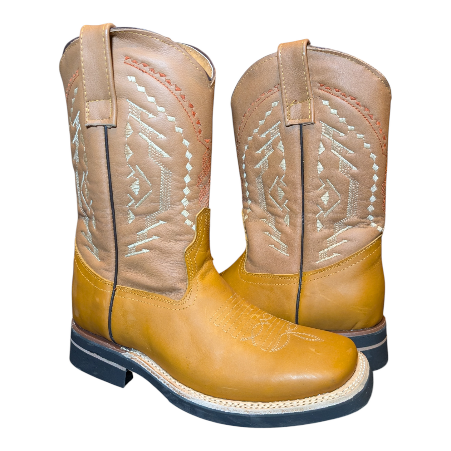 Unisex Cowboy Boots (0095) - 12" Square Toe Light Brown Leather w/ Western Stitching