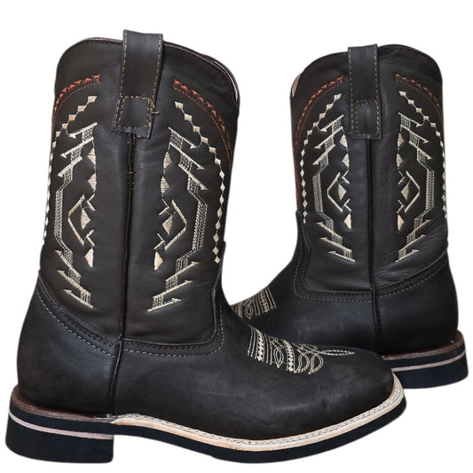 Cowboy Boots (0201) - 12" Dark Brown Leather w/ Western Stitching & Square Toe