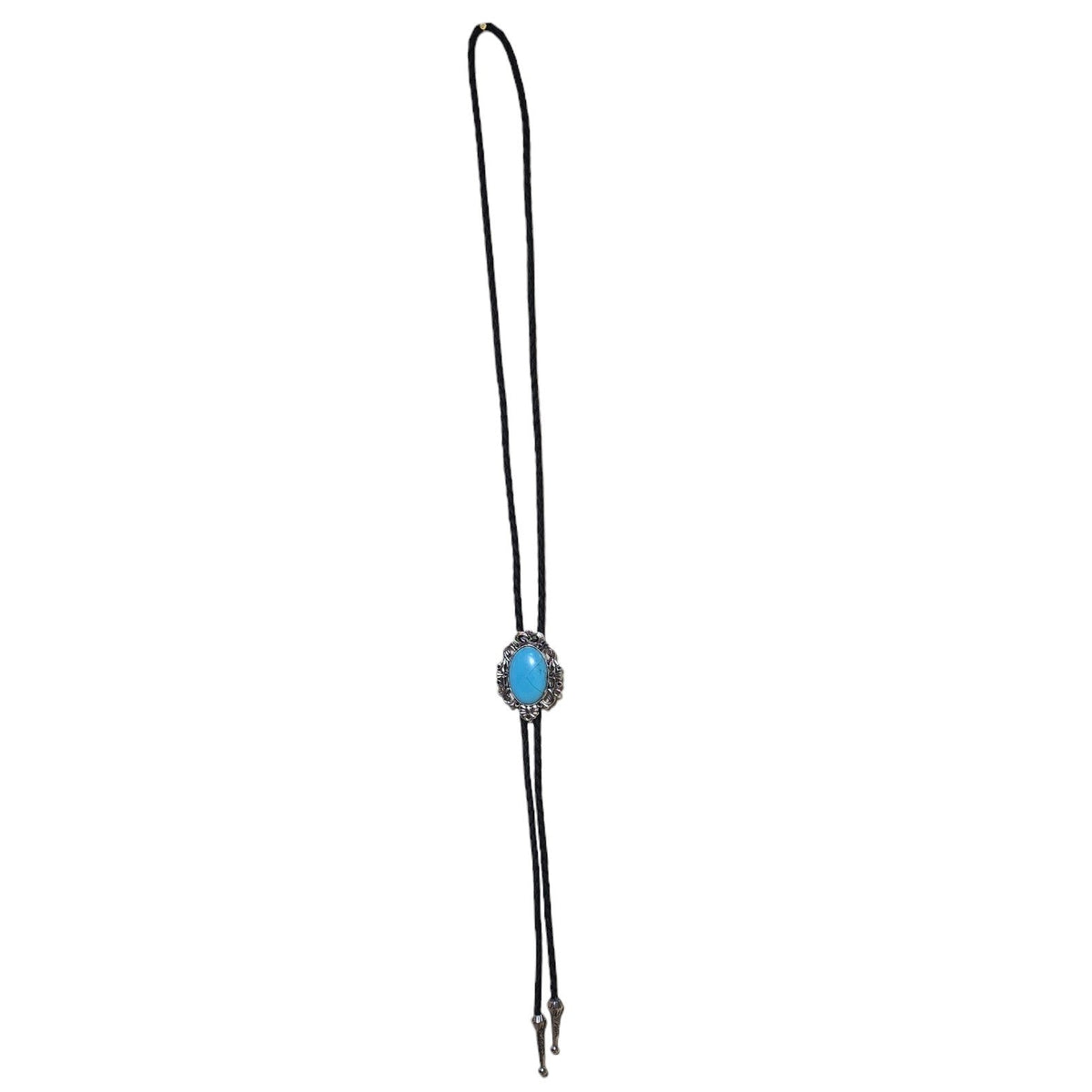 Western Bolo Tie (0086) - Silver Vintage Design w/ Faux Turquoise Stone