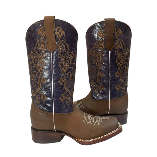 Women's Cowboy Boots (0026) - 13.5" Brown and Navy Square Toe