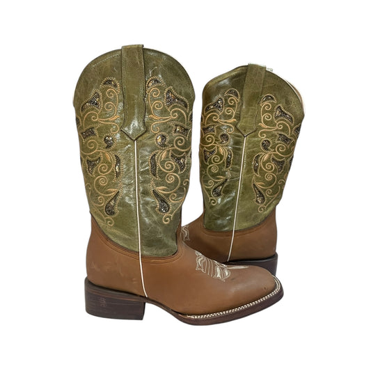Women's Cowboy Boot (0025) - 13" Brown and Green Square Toe
