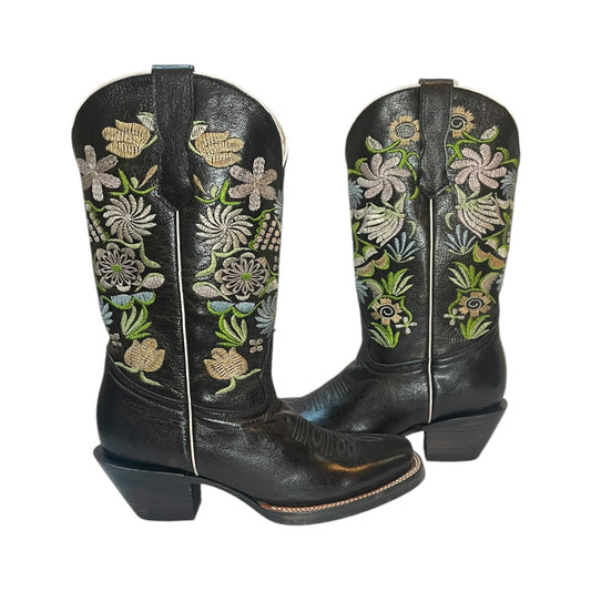 Women's Cowboy Boots (0031) - 14" Square Toe Rustic Black w/ Floral Embroidery