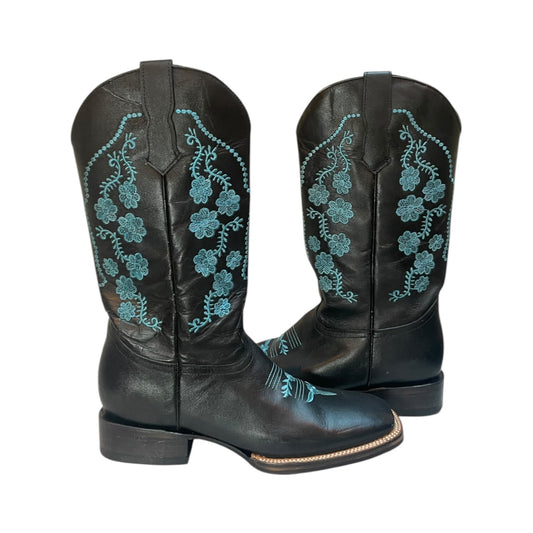 Women's Cowboy Boots (0030) - 14" Square Toe Black w/ Teal Embroidery