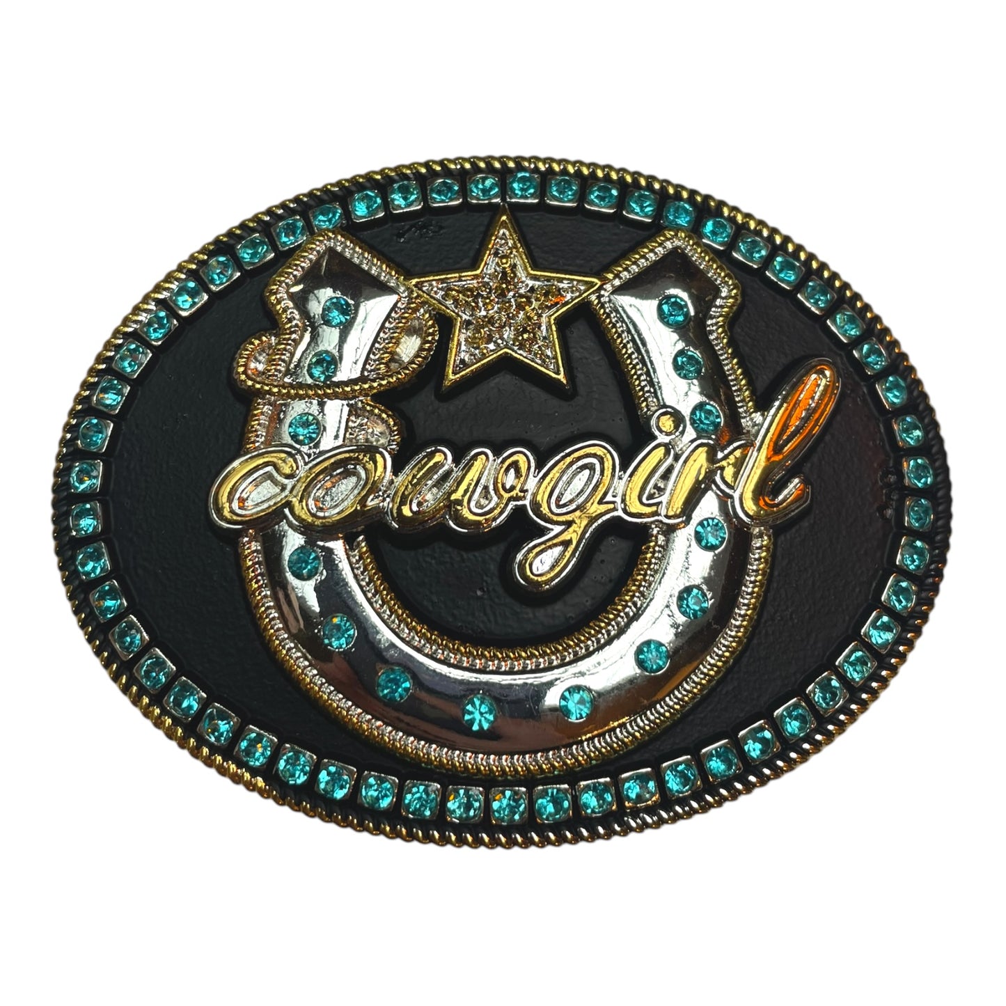 Cowgirl Horseshoe Belt Buckle with Rhinestone & Gold Accents (0018)