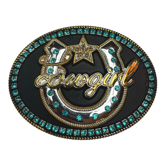 Cowgirl Horseshoe Belt Buckle with Rhinestone & Gold Accents (0018)