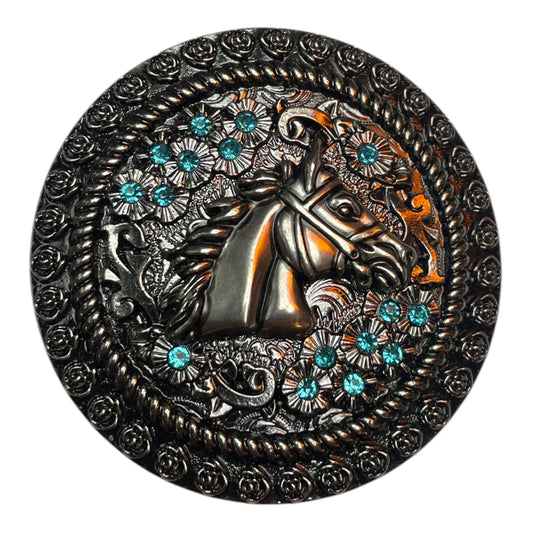 Horse Head Belt Buckle Blue Rhinestones (0014)