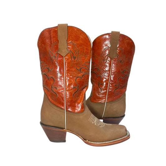 Women's Cowboy Boots (0028) - 14" Brown and Red Square Toe