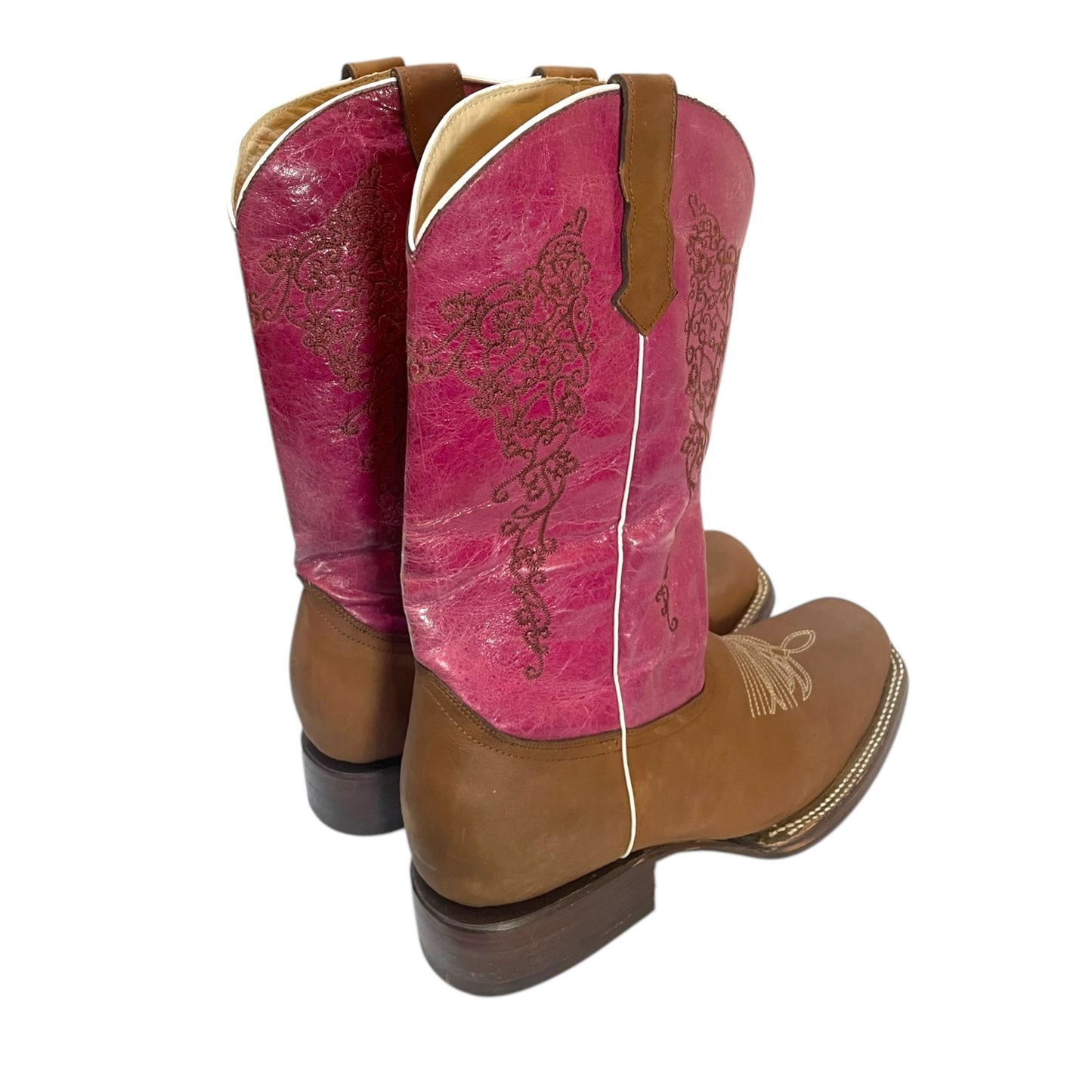 Women's Cowboy Boots (0027) - 14" Brown and Pink Square Toe