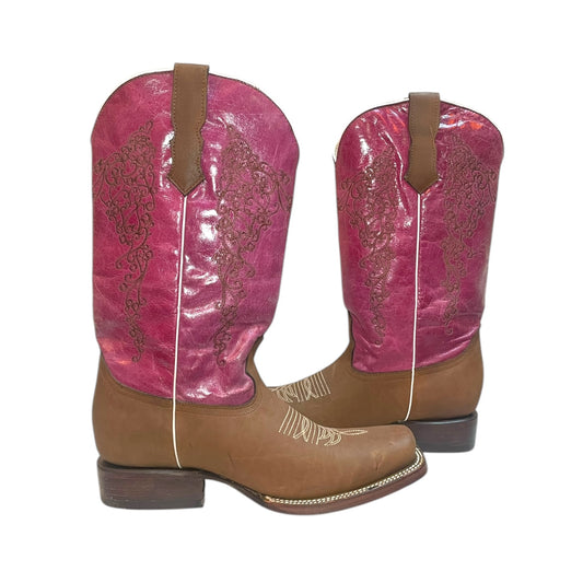 Women's Cowboy Boots (0027) - 14" Brown and Pink Square Toe