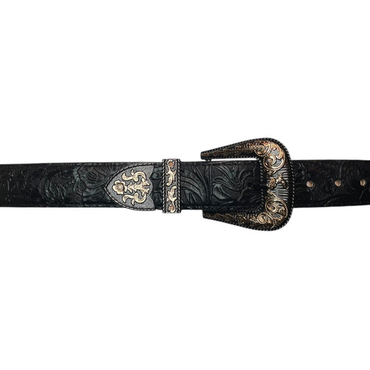 Western Leather Belt - Black Engraved Floral with Premium Engraved Buckle (0008)