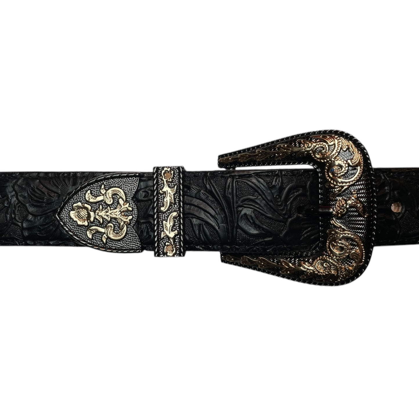 Western Leather Belt - Black Engraved Floral with Premium Engraved Buckle (0008)