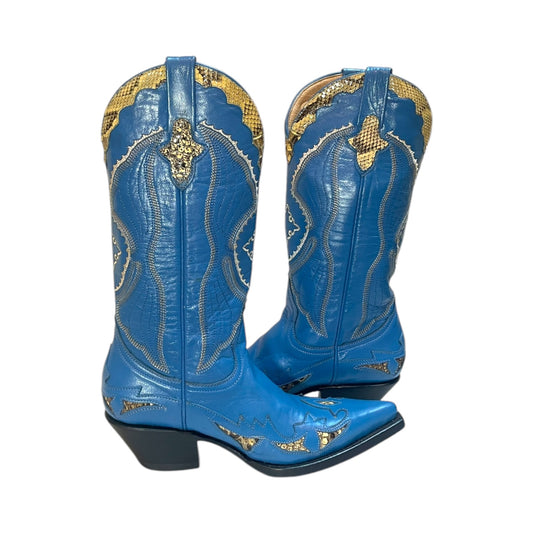 Women's Cowboy Boots (0024) - 14" Pointy Toe Blue with Snake