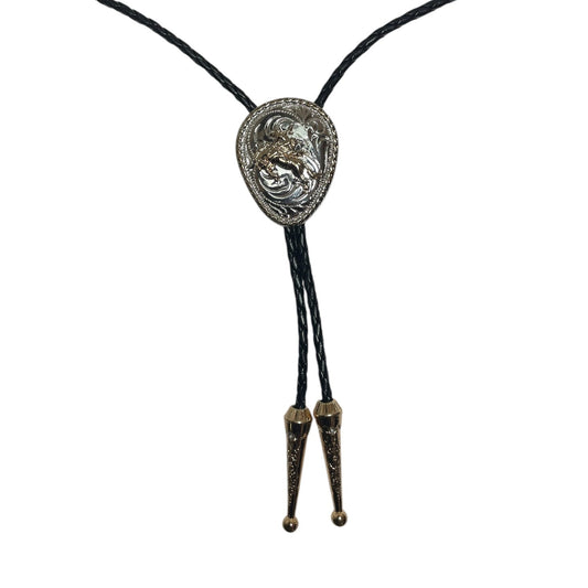 Western Rodeo Oval Bolo Tie – Silver Bronc Rider Design (0004)