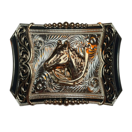 Western Horse Head Belt Buckle – Antique Gold & Silver Finish (0016)