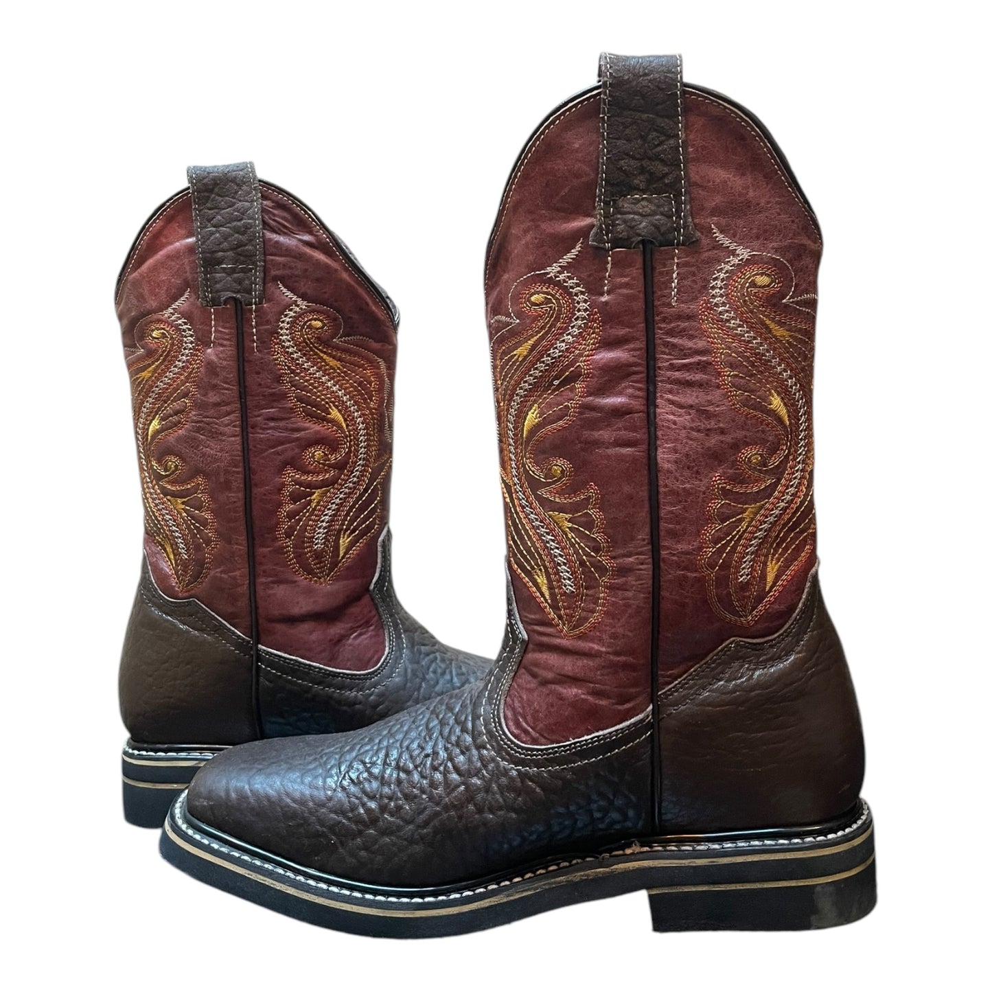 Men's Cowboy Boots (0023) - 13½" Square Toe Dark Brown/Burgundy Leather Western Stitching
