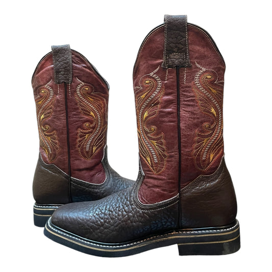 Men's Cowboy Boots (0023) - 13½" Square Toe Dark Brown/Burgundy Leather Western Stitching