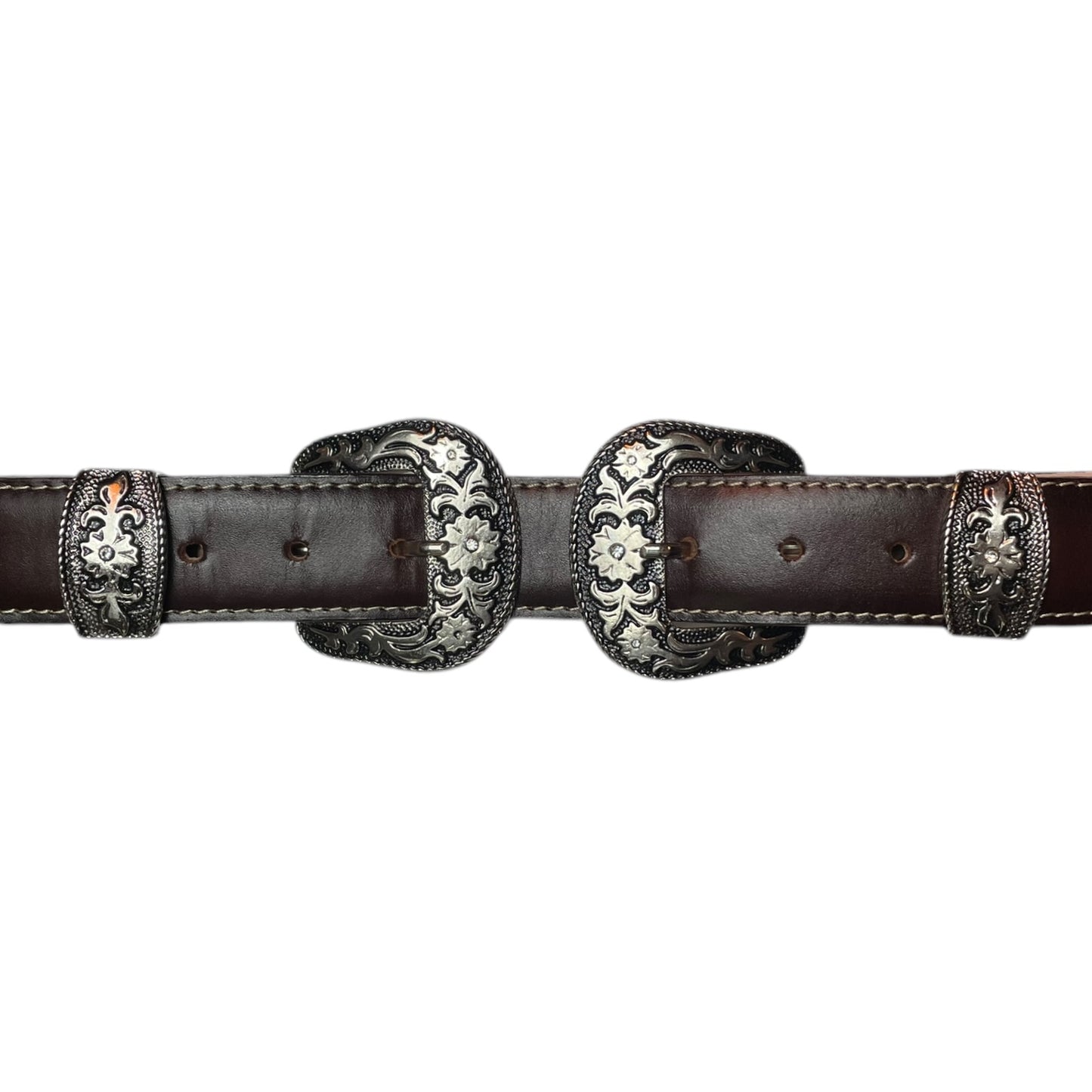 Western Leather Belt - Premium Engraved Double Buckle with Floral Engraved Leather and Studded Detailing (0010)