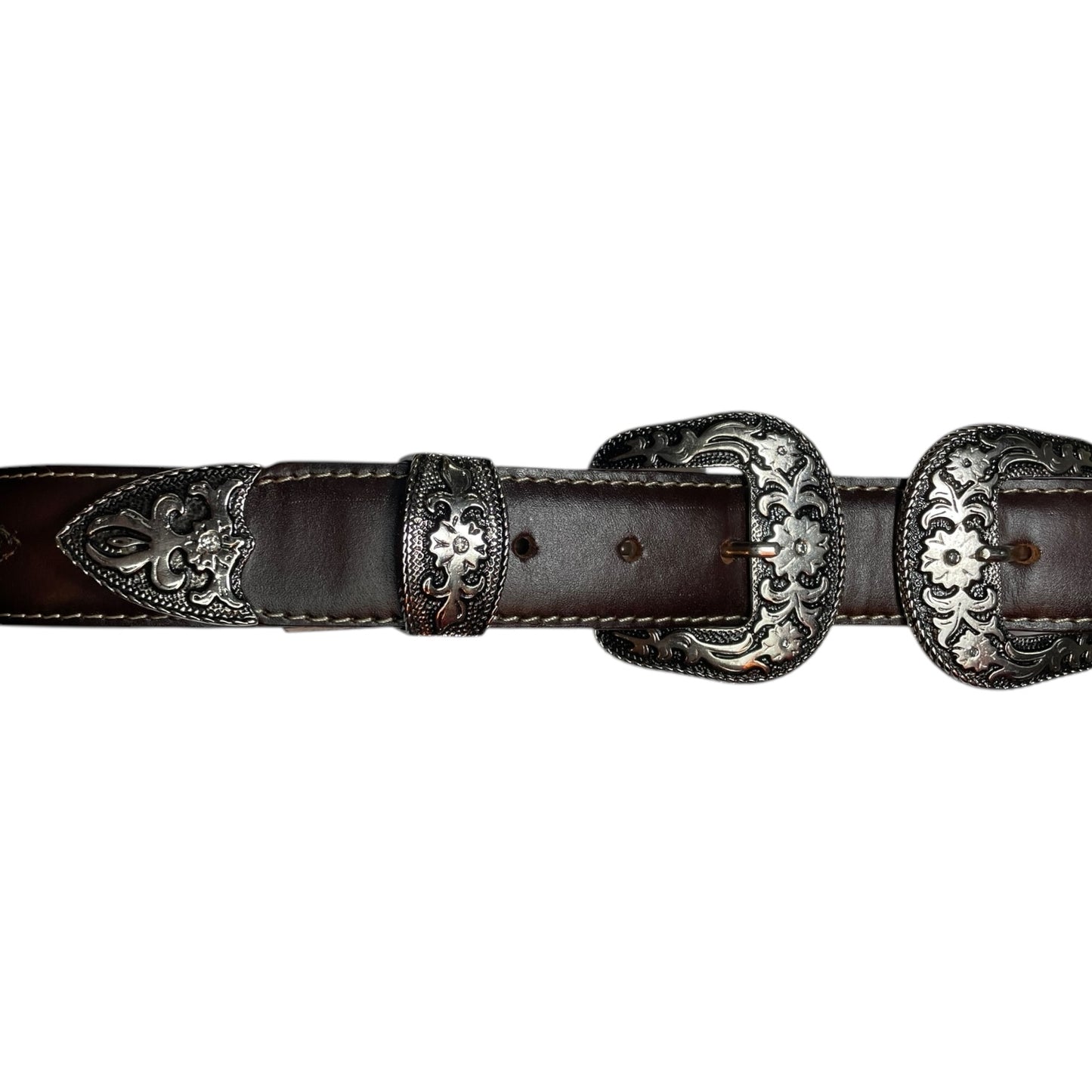 Western Leather Belt - Premium Engraved Double Buckle with Floral Engraved Leather and Studded Detailing (0010)