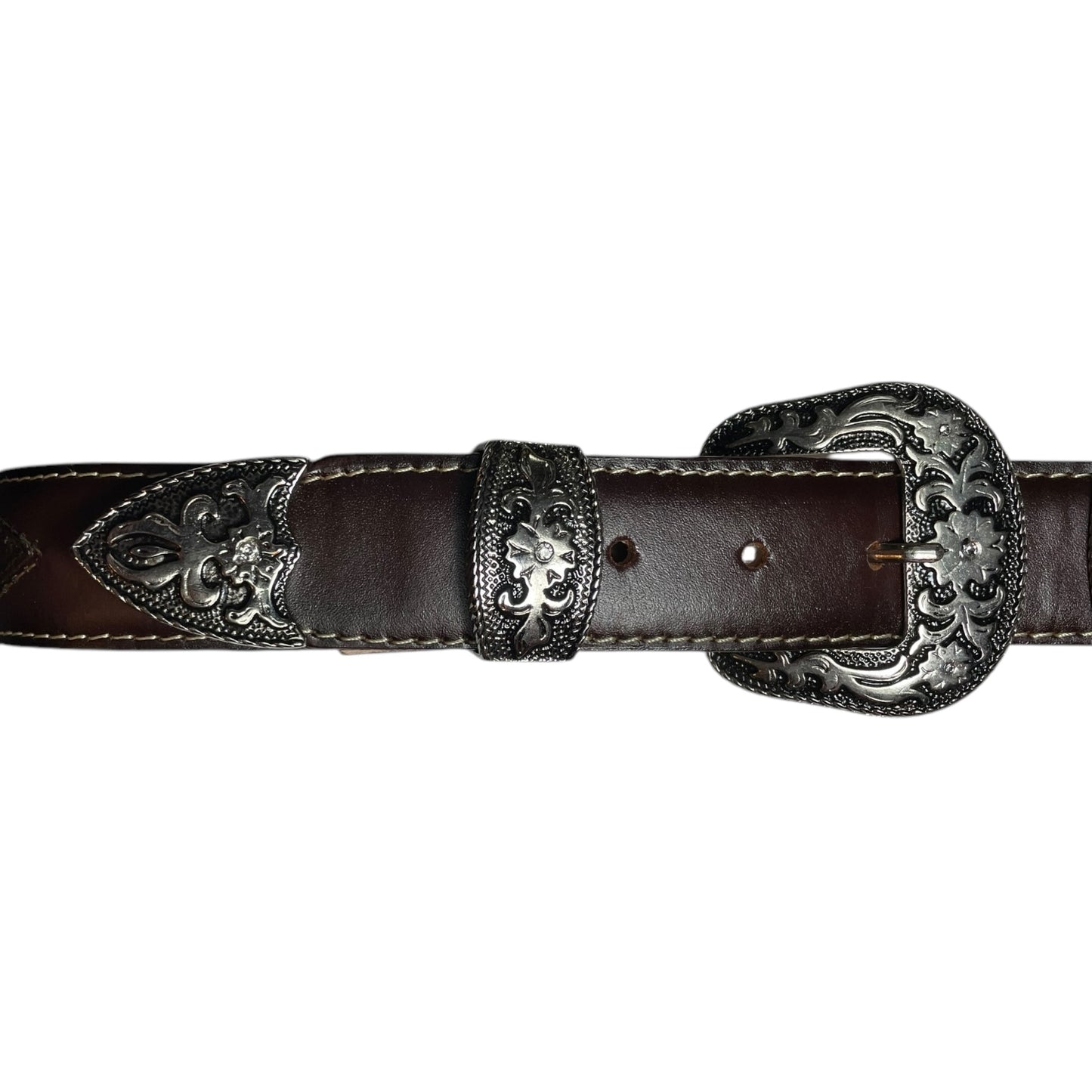 Western Leather Belt - Premium Engraved Double Buckle with Floral Engraved Leather and Studded Detailing (0010)