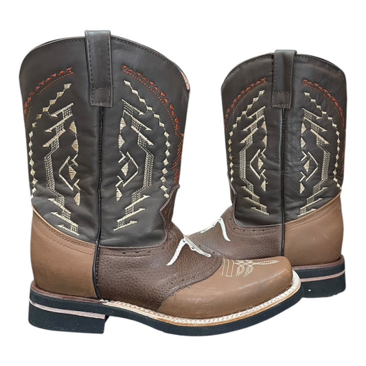 Men's Cowboy Boots (0021) - 11½" Square Toe, Two-tone Brown Leather Longhorn Stitching