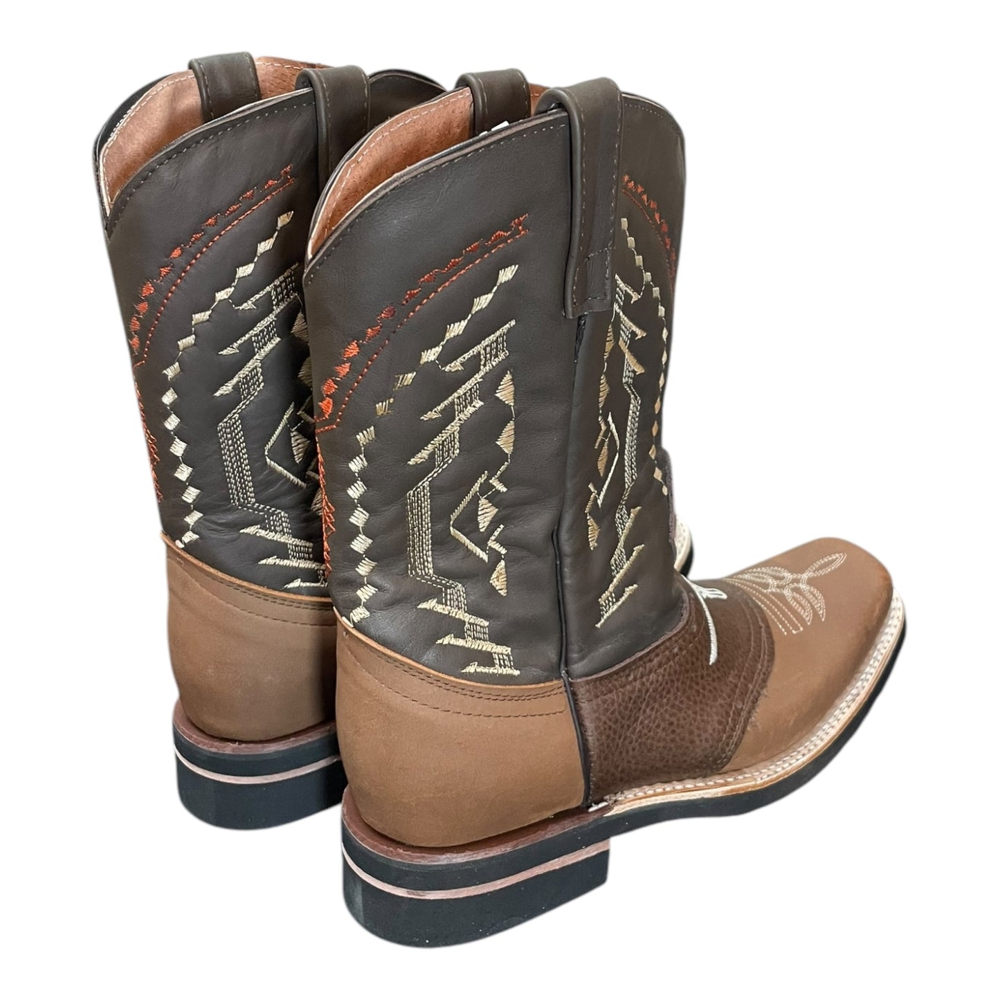 Men's Cowboy Boots (0021) - 11½" Square Toe, Two-tone Brown Leather Longhorn Stitching