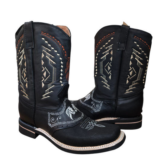 Men's Cowboy Boots (0012) - 12½" Square Toe Black Leather Horses Stitching
