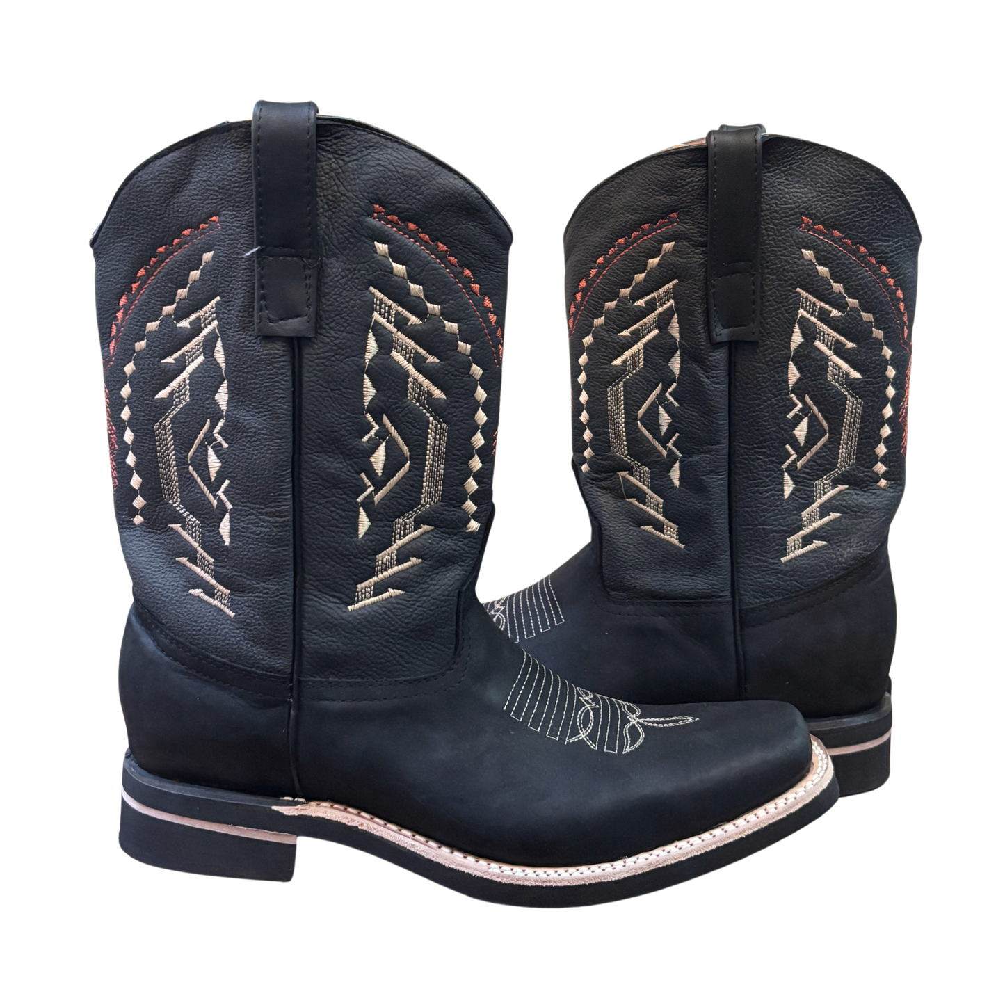 Men's Cowboy Boots (0005) - 12" Square Toe Black Leather Western Stitching