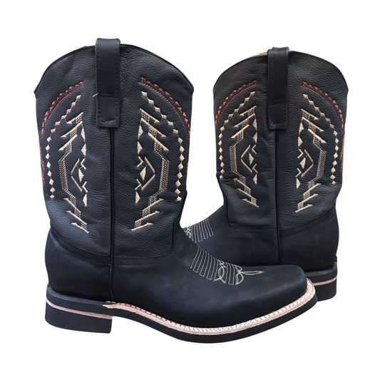 Men's Cowboy Boots (0005) - 12" Square Toe Black Leather Western Stitching