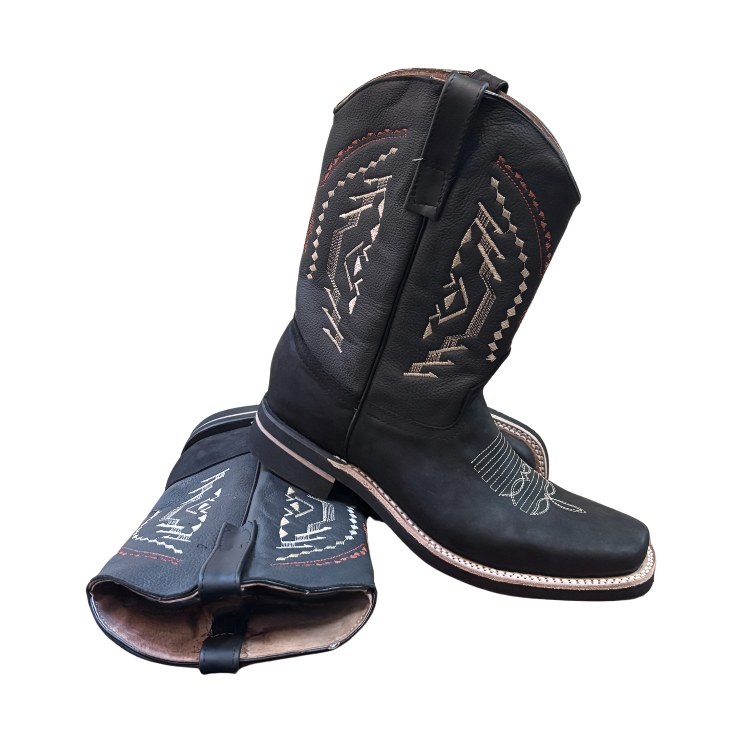 Men's Cowboy Boots (0005) - 12" Square Toe Black Leather Western Stitching