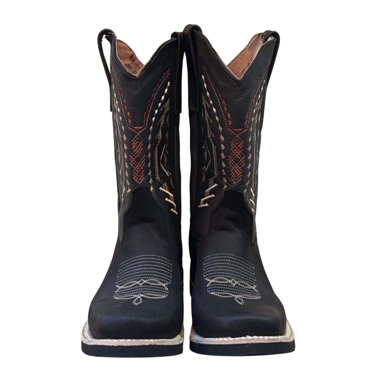 Men's Cowboy Boots (0005) - 12" Square Toe Black Leather Western Stitching