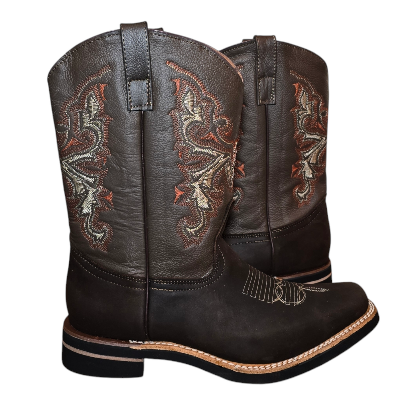 Men's Cowboy Boots (0007) - 13" Square Toe Dark Brown Tribal Stitching
