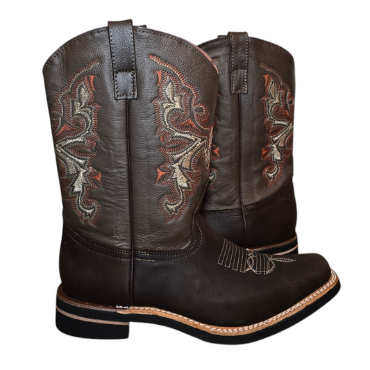 Men's Cowboy Boots (0007) - 13" Square Toe Dark Brown Tribal Stitching
