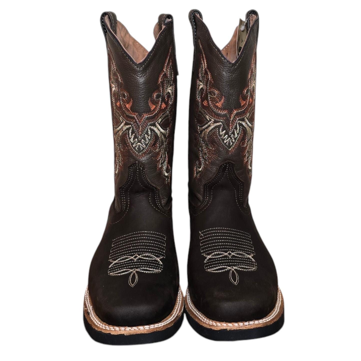 Men's Cowboy Boots (0007) - 13" Square Toe Dark Brown Tribal Stitching