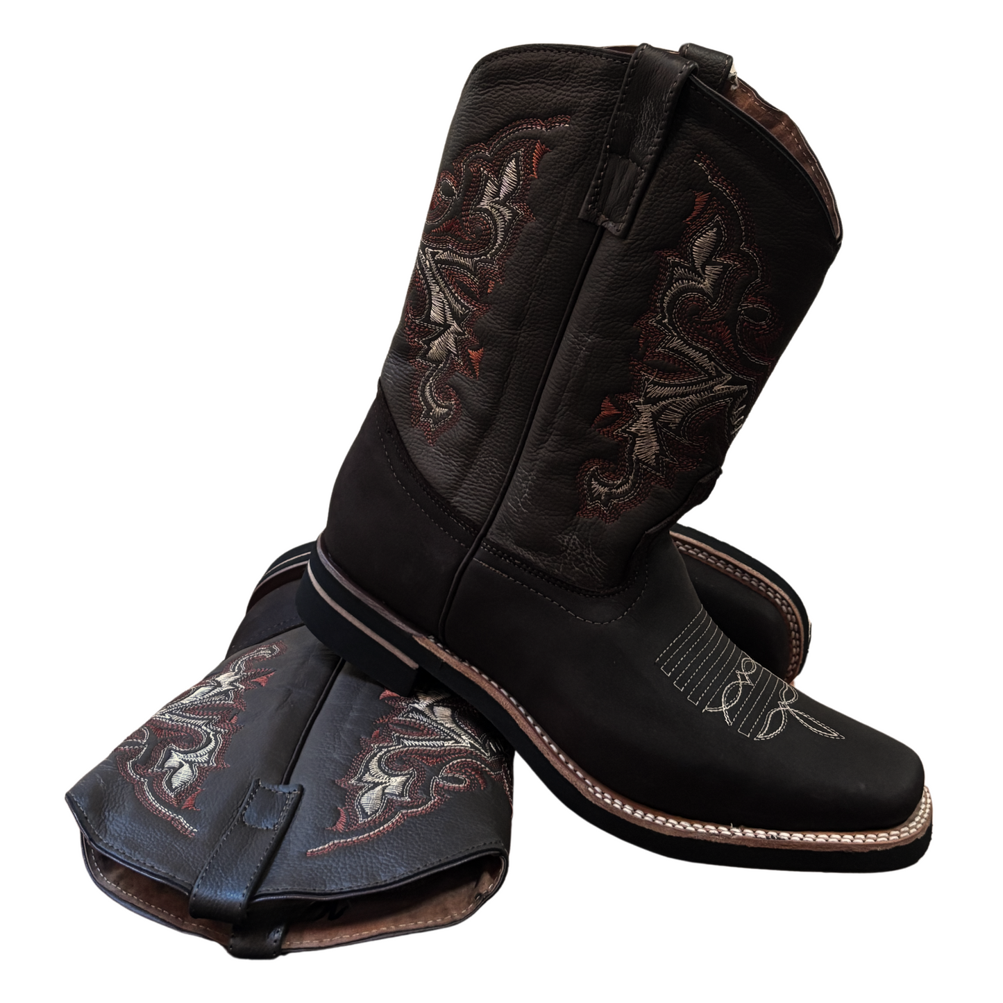 Men's Cowboy Boots (0007) - 13" Square Toe Dark Brown Tribal Stitching