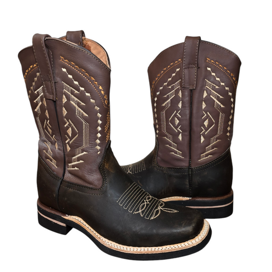 Men's Cowboy Boots (0013) - 12" Square Toe Dark Brown Leather Western Stitching