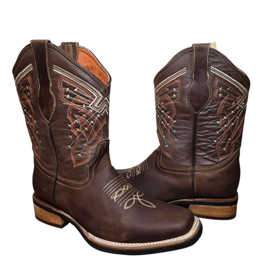 Men's Cowboy Boots (0014) - 12" Square Toe Dark Brown Leather Western Stitching