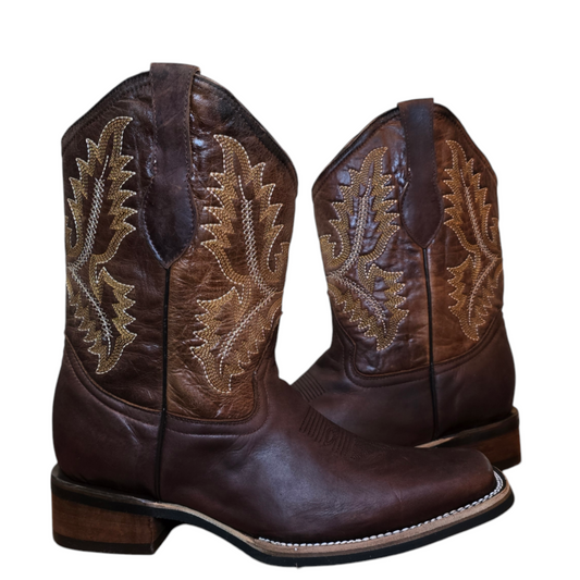 Men's Cowboy Boots (0009) - 13" Square Toe Dark Brown Leather Western Stitching