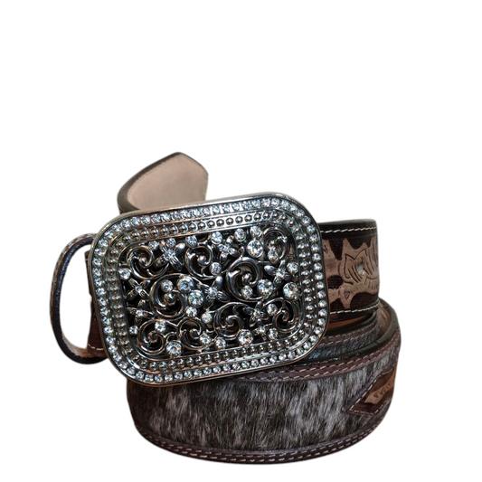 Western Rhinestone Buckle Genuine Full Grain Floral Engraved Tooled Cowhide Leather Belt (0005)