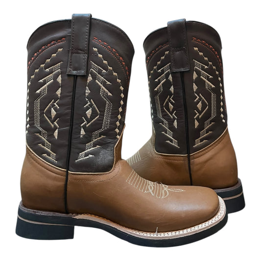 Men's Cowboy Boots (0024) - 12" Square Toe Brown and Black Leather Western Stitching