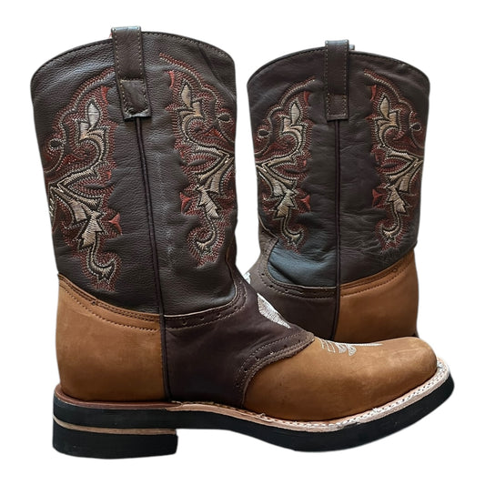 Men's Cowboy Boots (0025) - 13" Square Toe Two-tone brown and Black Leather Western Stitching