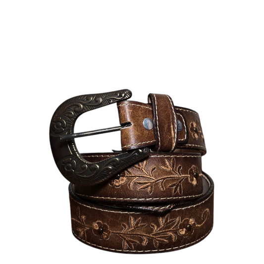 Western Leather Belt - Engraved Buckle & Floral Stitching (0002)
