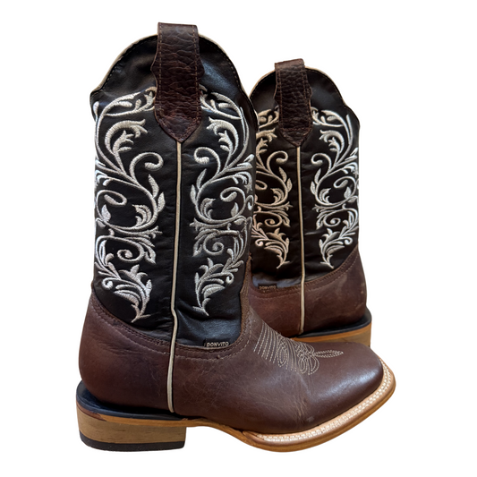 Women's Cowboy Boots (0010) - 12" Square Toe Brown Embroidery