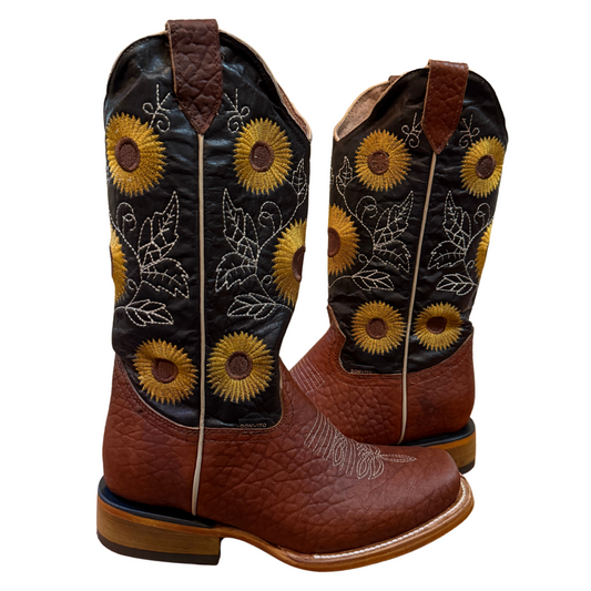 Women's Cowboy Boots (0007) - 13 " Square Toe Light Brown with Sunflowers